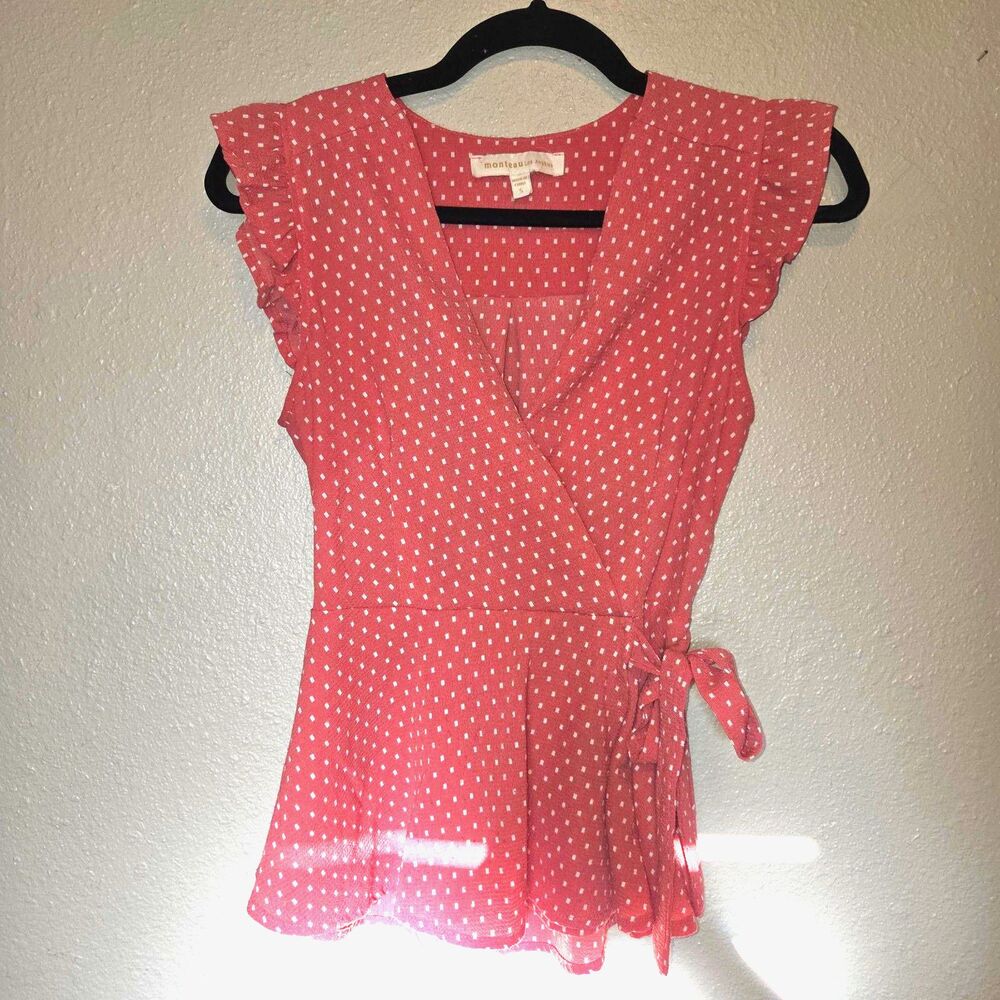 Monteau Los Angeles Coral Polka Dot Wrap Top Small - Ruffle Short Sleeve